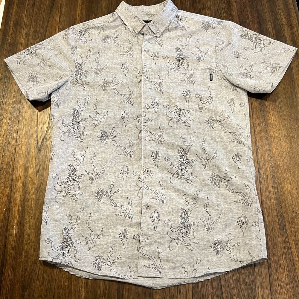 MOLOKAI Button down Short Sleeve Island hawaiian Shirt size medium octopus gray